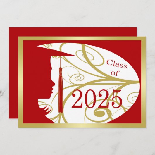 Rood en Goud Silhouet 2025 Afstudeerfeest Kaart (Voorkant / Achterkant)