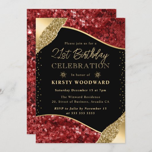Rood en Goud Winter Pailletten 21e Verjaardag Kaart (Voorkant / Achterkant)