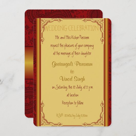 Rood- en gouddamashindu-bruiloft kaart (Voorkant / Achterkant)