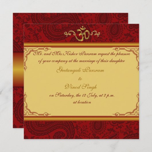 Rood- en gouddamesbrocade Hindu-bruiloft Kaart (Voorkant / Achterkant)