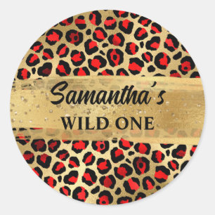 Rood en Gouden Folie Leopard Wild One Ronde Sticker