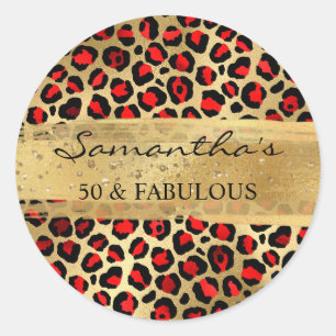 Rood en gouden folie luipaard 50 & Fabulous Ronde Sticker
