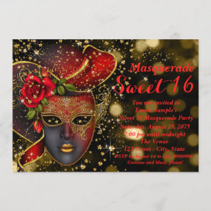 Rood en gouden glitter maskeradefeest kaart