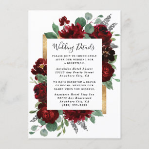 Rood- en goudFloral Rozen Greenery White Wedding Informatiekaartje