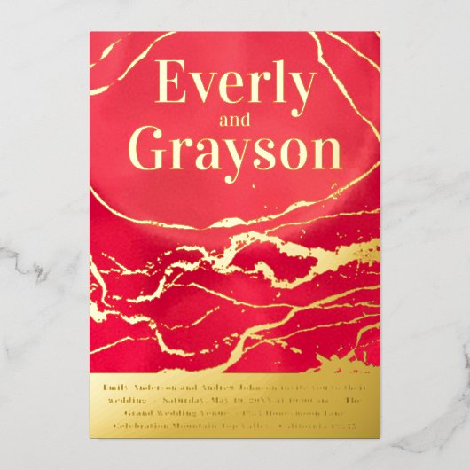Rood en goudgalaxy Marmer Gold Wedding Folie Uitnodiging (Voorkant)