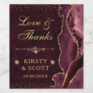 Rood en goudglitter Agate en marmer Wedding Wijn Etiket