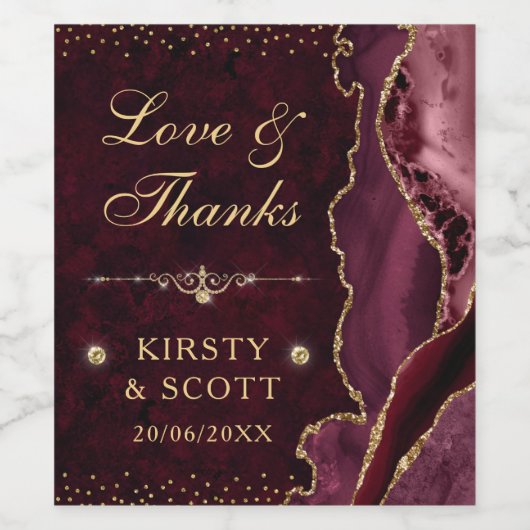 Rood en goudglitter Agate en marmer Wedding Wijn Etiket (Enkel label)