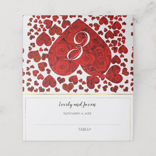 Rood en goudlegant hart en Rozen bruiloft (Buitenkant ongevouwen)