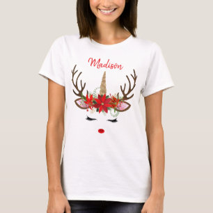 Rood- en goudmonogram kerstavond unicorn Reindeste T-shirt