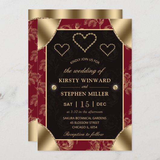 Rood- en goudpatroon en gouden harten kaart (Voorkant / Achterkant)