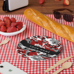 Rood en grijs Camouflage Jouw naam Personaliseren Papieren Bordje