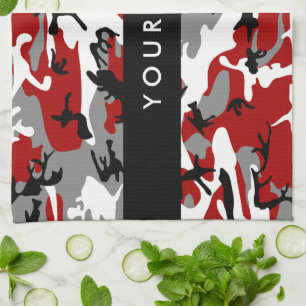 Rood en grijs Camouflage Jouw naam Personaliseren Theedoek