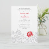 Rood en grijs Damask bruiloft Kaart (Staand voorkant)