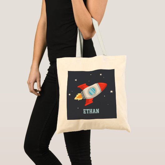 Rood- en grijze Rocket blaast weg in ruimte Tote Bag (Voorkant (product))