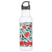 Rood en Groen Bloemen Patroon Monogram Naam Waterfles (Voorkant)