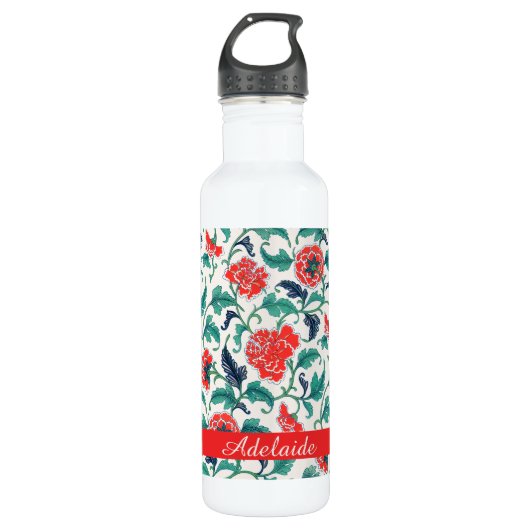 Rood en Groen Bloemen Patroon Monogram Naam Waterfles (Voorkant)