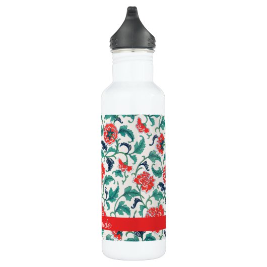 Rood en Groen Bloemen Patroon Monogram Naam Waterfles (Rechts)