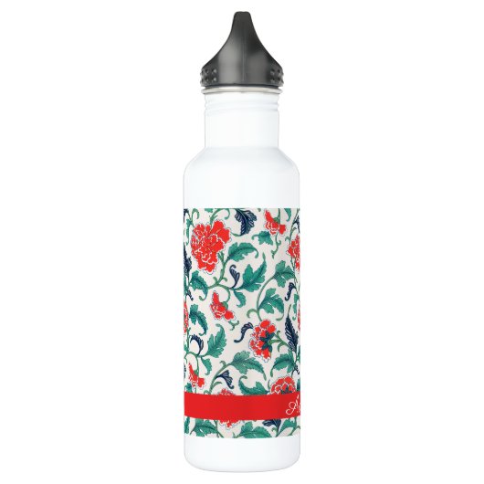 Rood en Groen Bloemen Patroon Monogram Naam Waterfles (Links)
