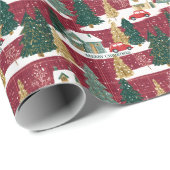 Rood en Groen Bos Kerst Dorp Cadeaupapier (Rol Hoek)