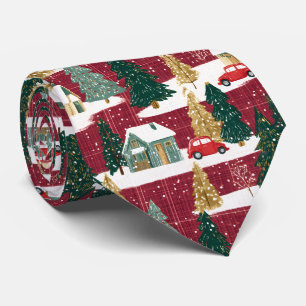 Rood en groen bos Kerst dorp Stropdas