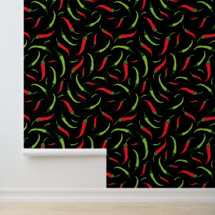 Rood en Groen Chili Peppers Patroon op Zwart Behang