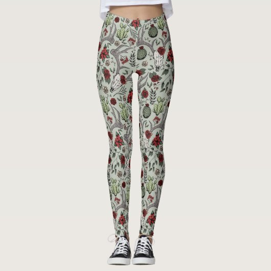 Rood en groen Country Cowgirl Herten Schedel & gew Leggings (Voorkant)
