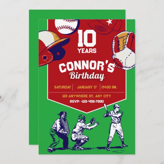 Rood en Groen geïllustreerd honkbal verjaardagsfee Kaart (Voorkant / Achterkant)