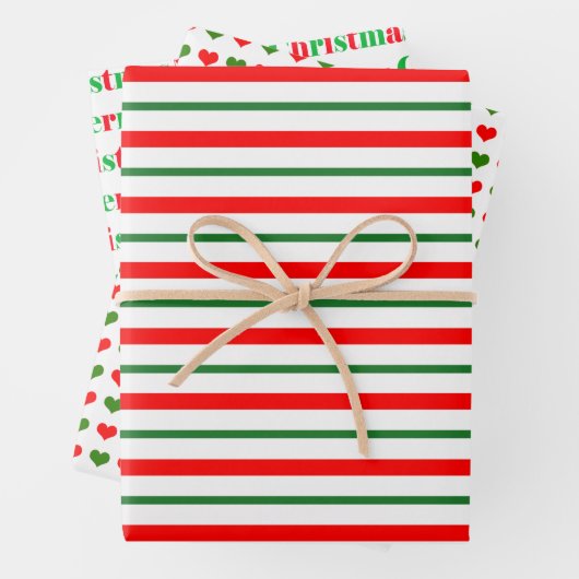Rood en groen gestreept hart Vrolijk kerstfeest Inpakpapier Vel (In situ)