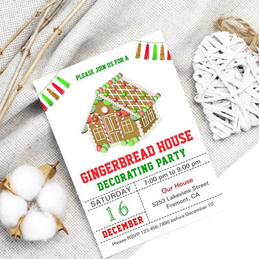 Rood- en Groen Gingerbrood House Decorting Party Kaart