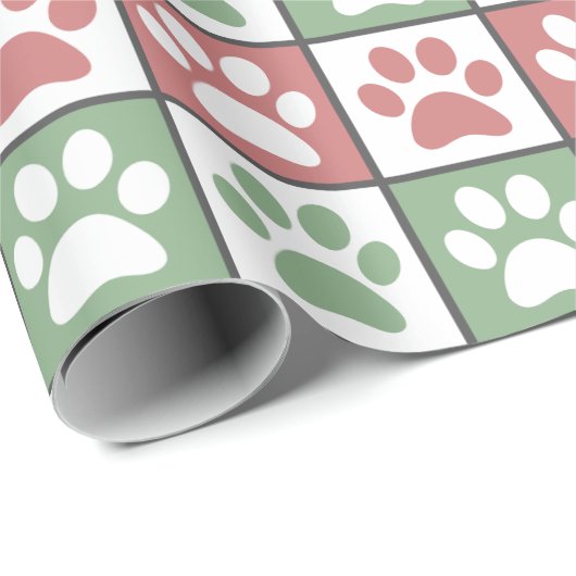 Rood en groen Kerst Thema Paw Print Patroon Cadeaupapier (Rol Hoek)