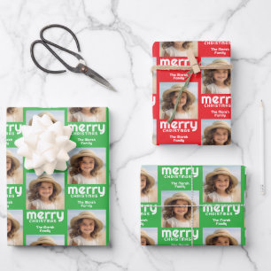 Rood en groen kerstfoto met whimsical-type inpakpapier vel
