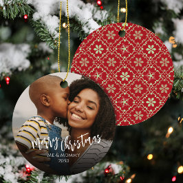 Rood en groen Kerstmis Familie Foto Custom Keramisch Ornament