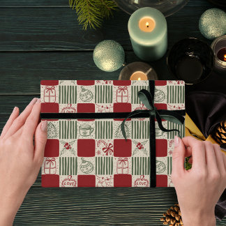 Rood en groen met de hand getekende retro ruitjes  cadeaupapier