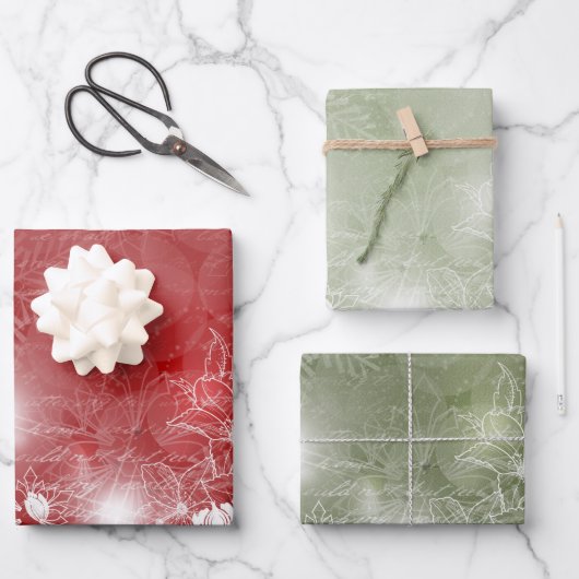 Rood en groen met witte Poinsettia en bloemen  Inpakpapier Vel (Voorkant)