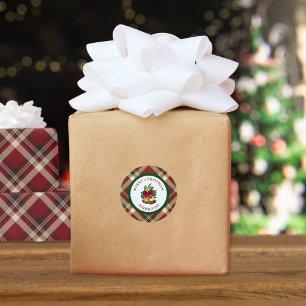 Rood en groen tartan kerstpersonalatie ronde sticker