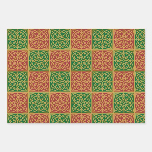 Rood en Groen Tegel Kunst op Gouden Patroon Inpakpapier Vel (Voorkant 3)