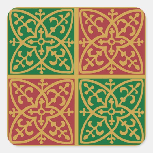 Rood en Groen Tegel Kunst op Gouden Patroon Vierkante Sticker (Voorkant)