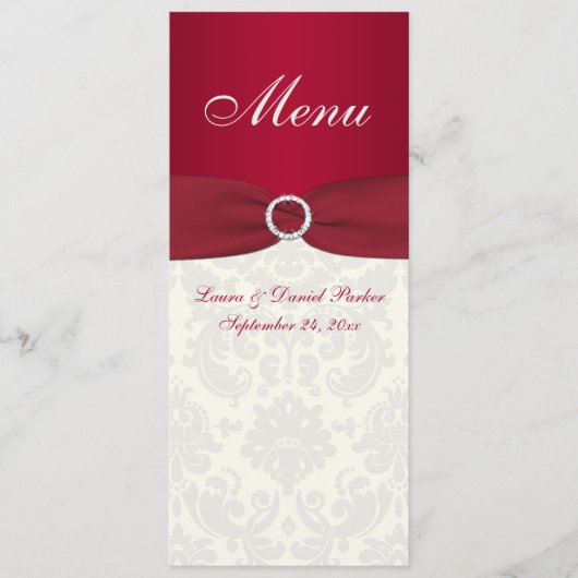 Rood en Ivoor Damask Bruiloft Menu Kaart (Voorkant)