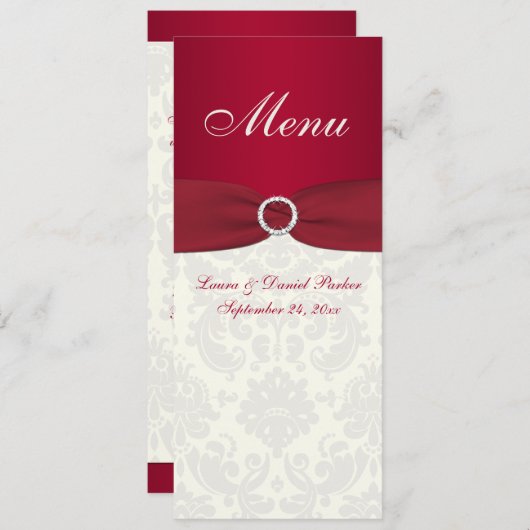 Rood en Ivoor Damask Bruiloft Menu Kaart (Voorkant / Achterkant)