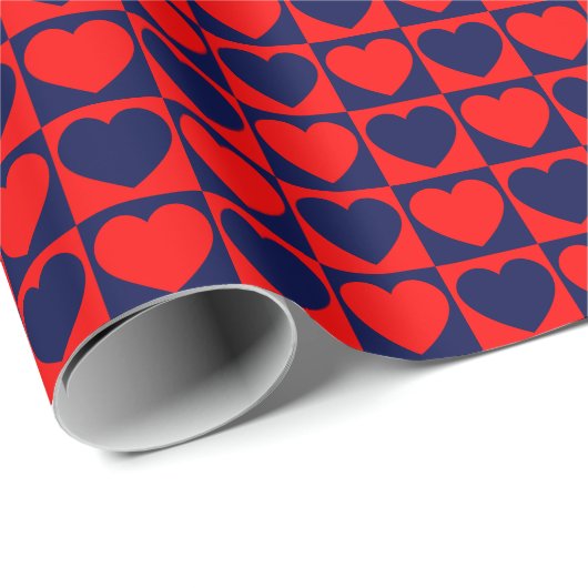 Rood en marineblauw gebarsten patroon met hart cadeaupapier (Rol Hoek)