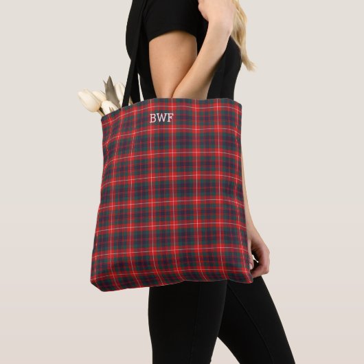 Rood en marineblauw geruite Fraser Tartan Monogram Tote Bag (Dichtbij)
