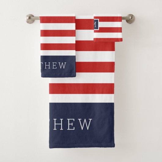 Rood en Navy Stripes Monogram Bad Handdoek (Insitu)