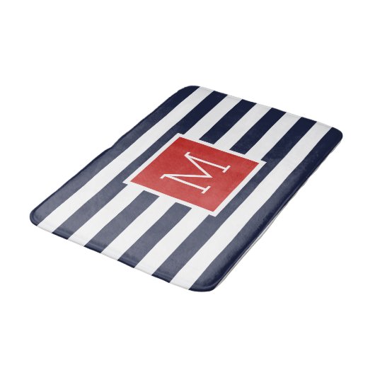 Rood en Navy Stripes Monogram Badmat (Gekanteld)