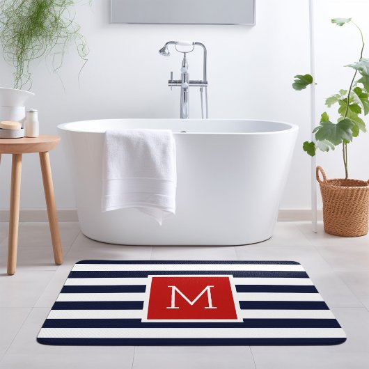 Rood en Navy Stripes Monogram Badmat