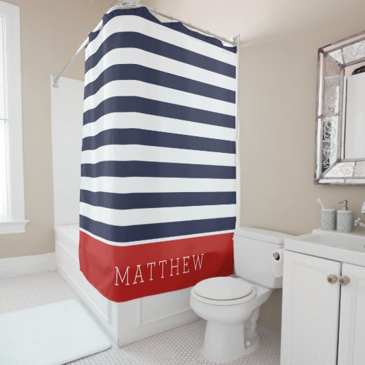 Rood en Navy Stripes Monogram Douchegordijn (In situ)
