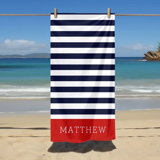 Rood en Navy Stripes Monogram Strandlaken