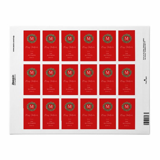 Rood- en reuzenmonogram kerstlabel etiket (Full Sheet)