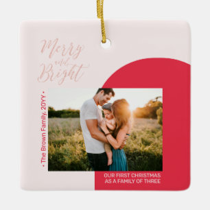 Rood en Roos Gold Moderne fotokerstfamilie Keramisch Ornament