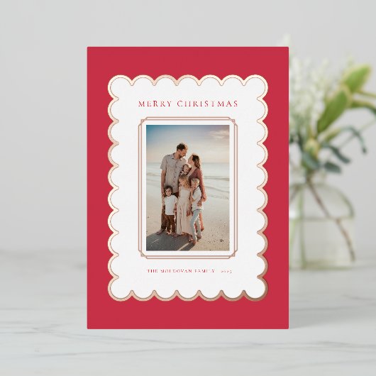 Rood en Roos Gouden Folie Scallop Kerst Kaart (Staand Voorkant)