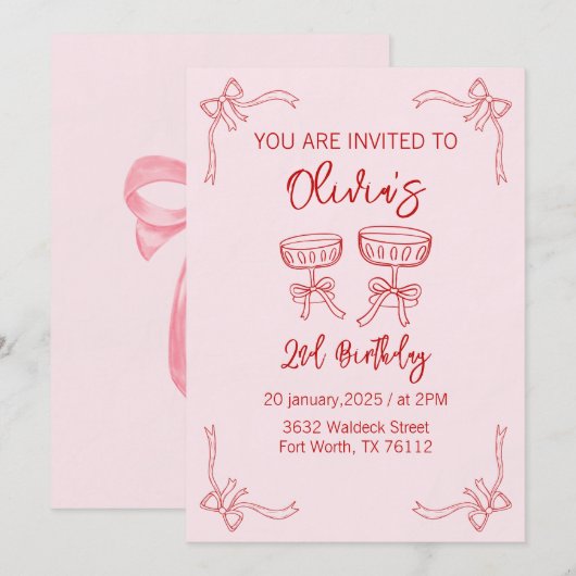 Rood en Roze 2e verjaardag uitnodiging voor meisje (Voorkant / Achterkant)